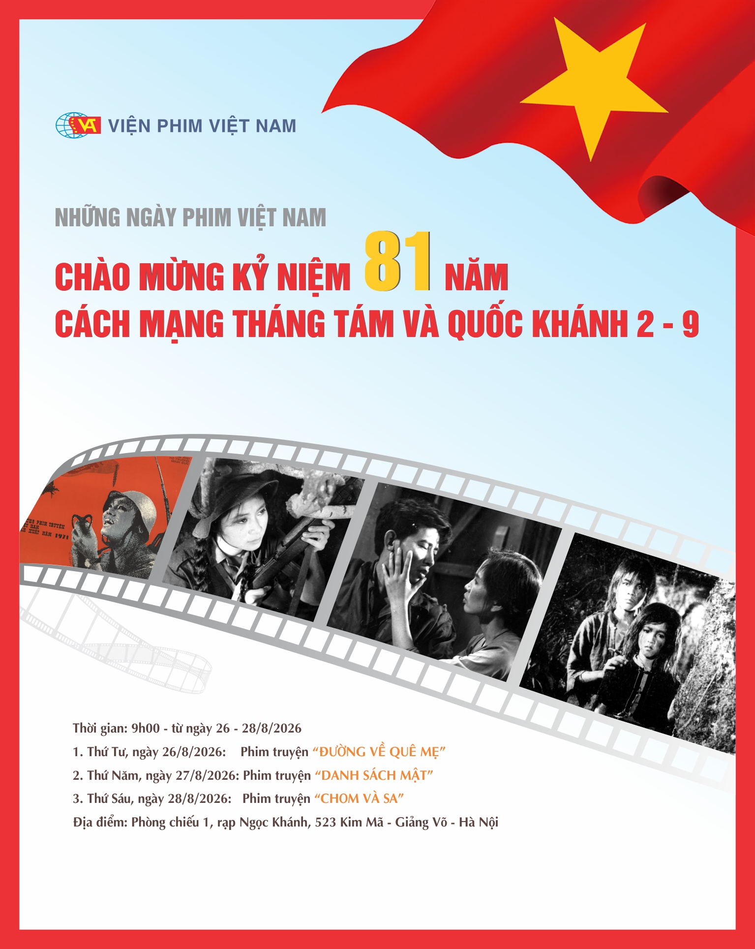 Chương trình chiếu phim kỷ niệm 81 năm Cách mạng tháng Tám (19/8/1945 - 19/8/2026) và Quốc khánh nước Cộng hòa xã hội chủ nghĩa Việt Nam (2/9/1945 - 2/9/2026)